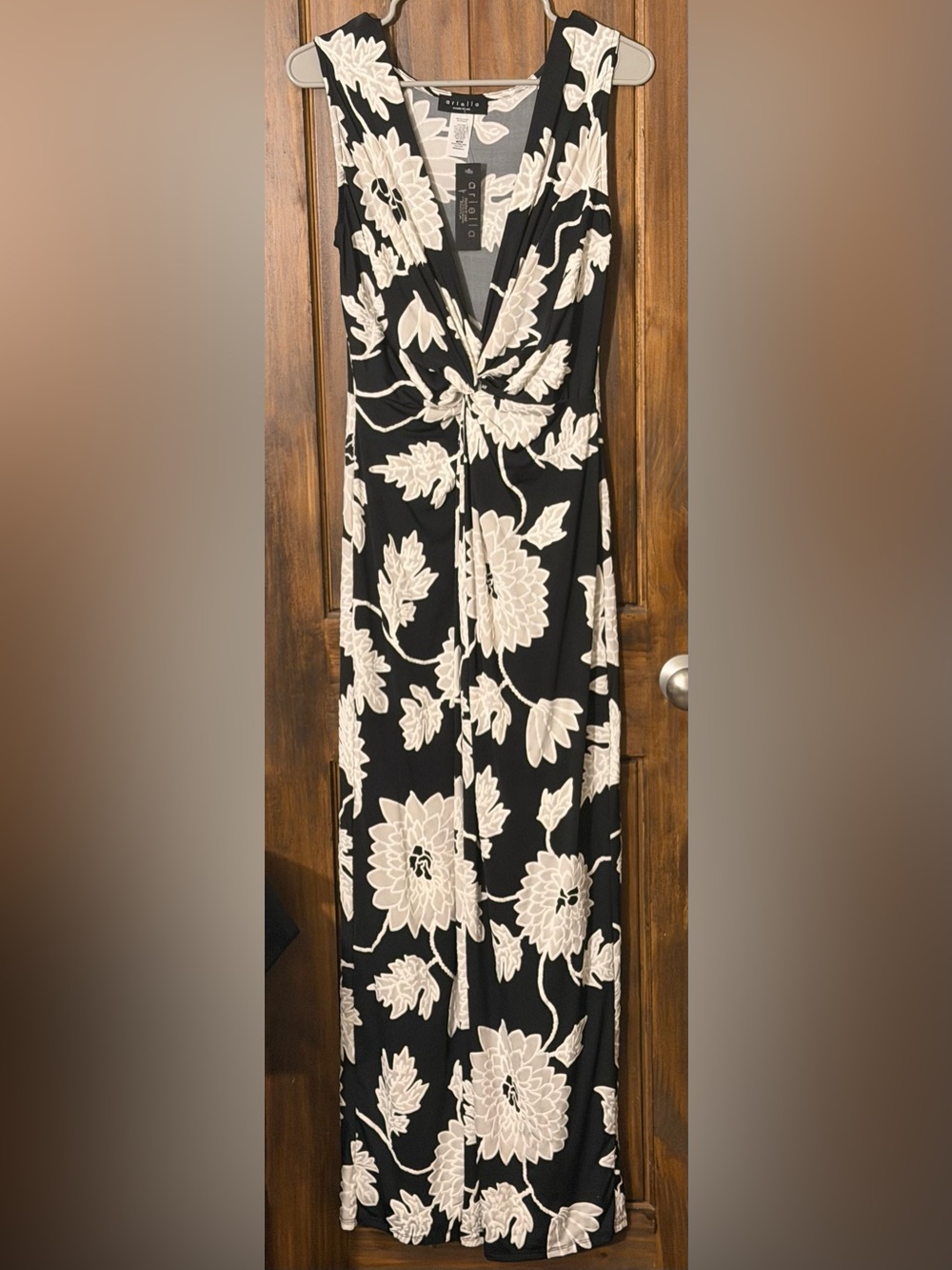 Ariella White Floral Print Maxi Dress on Black Background